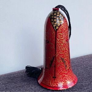 Vintage Paper Mache Bell Ornament Handmade  Indian Style and Design Gold Red 3in